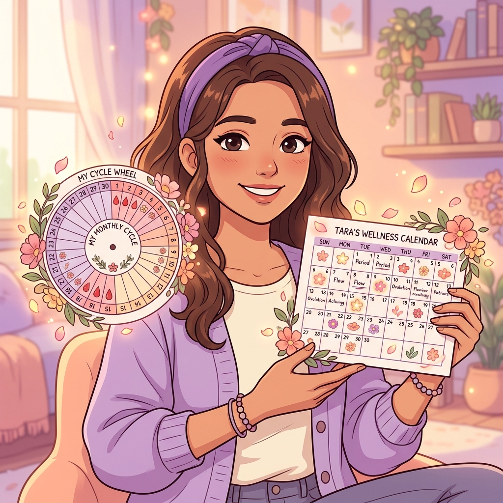 Tara holding floral menstrual cycle wheel and wellness calendar