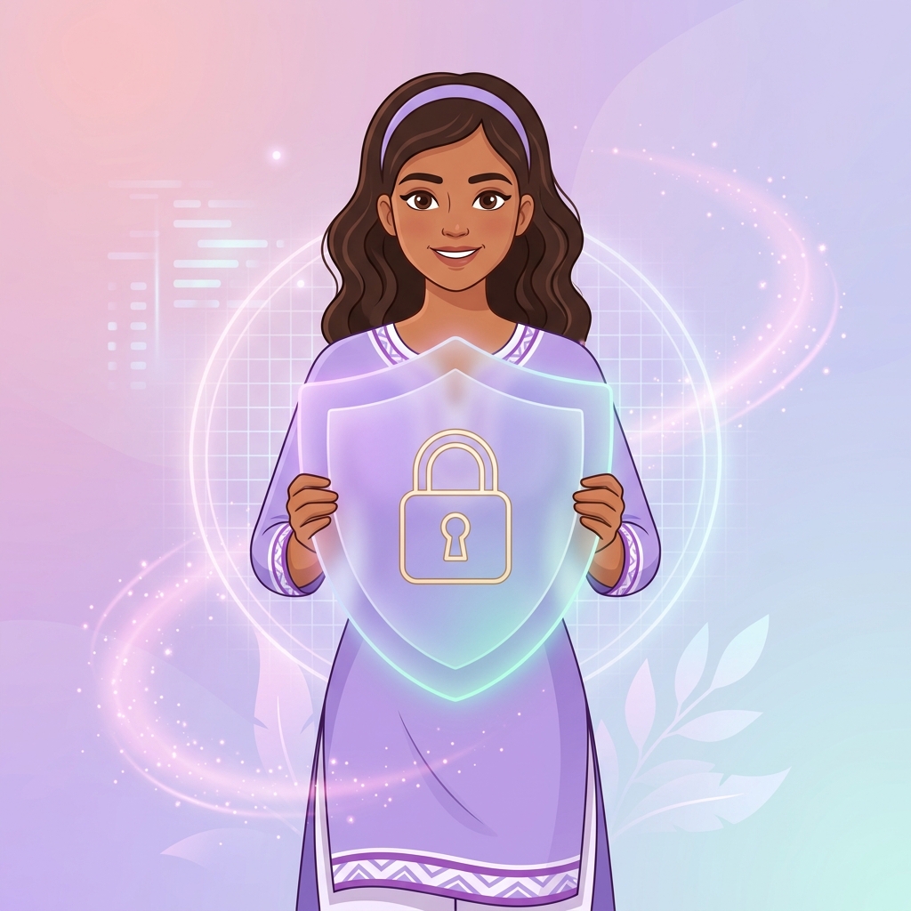 Tara holding a glowing privacy vault shield